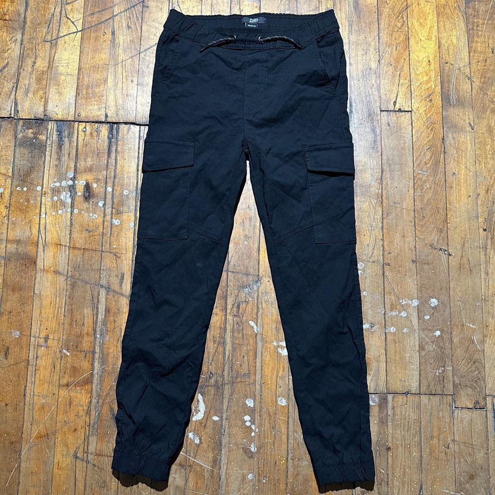Public Cargo Pants Boys M‎ Black Slim Fit Tapered Leg Elastic Waist Drawstring